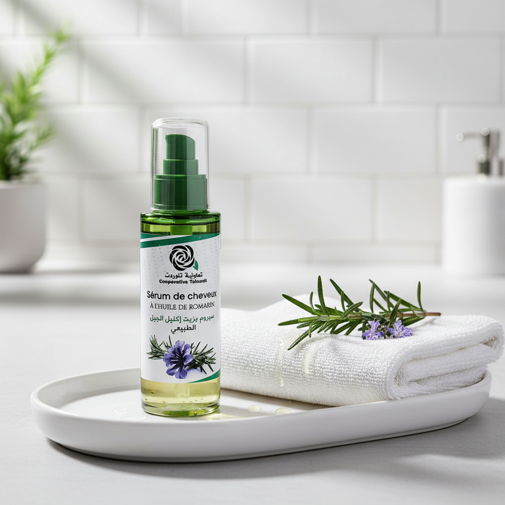 Sérum capilar de romero nilae en un baño de luz natural