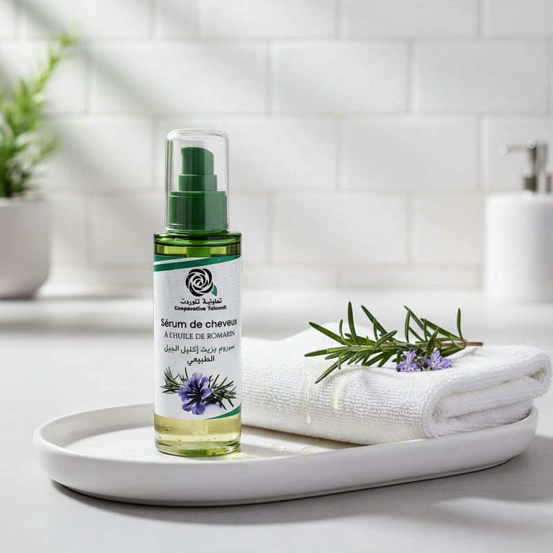 Sérum capilar de romero nilae en un baño de luz natural